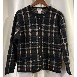 Liz Baker Black Brown Plaid Size Medium Buttondown Sweater Cardigan‎